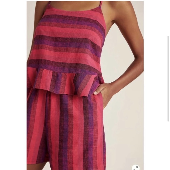 Anthropologie Amadi Melia Striped Linen Shorts Romper Jumper - Picture 3 of 14